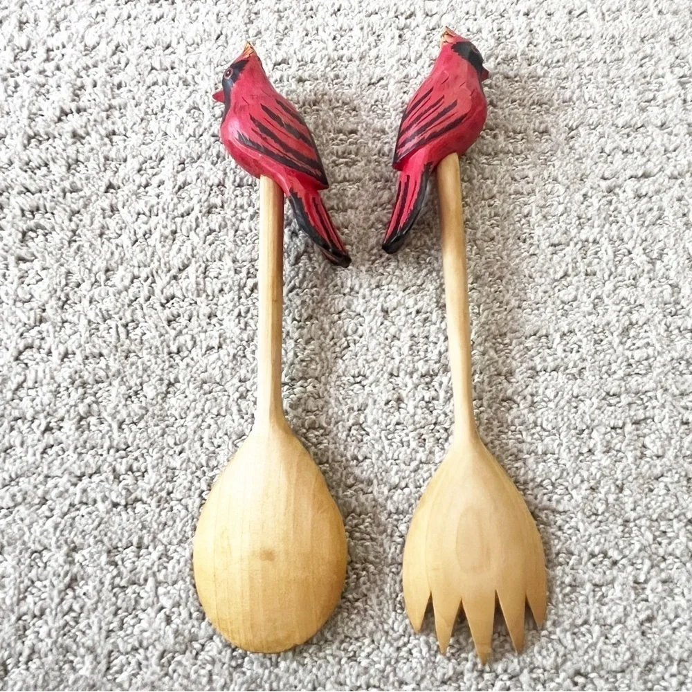 Wooden Salad Serving Set Cardinal Bird Utensils Fork Spoon Farmhouse Cottage